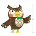 Cartoon owl figurine with a green bow tie and measurement details on a white background