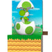 Cartoon character in a green shell with an umbrella on a platform with grass and water background