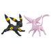 Two cartoon-like figures, one black and yellow, the other pink, on a white background.