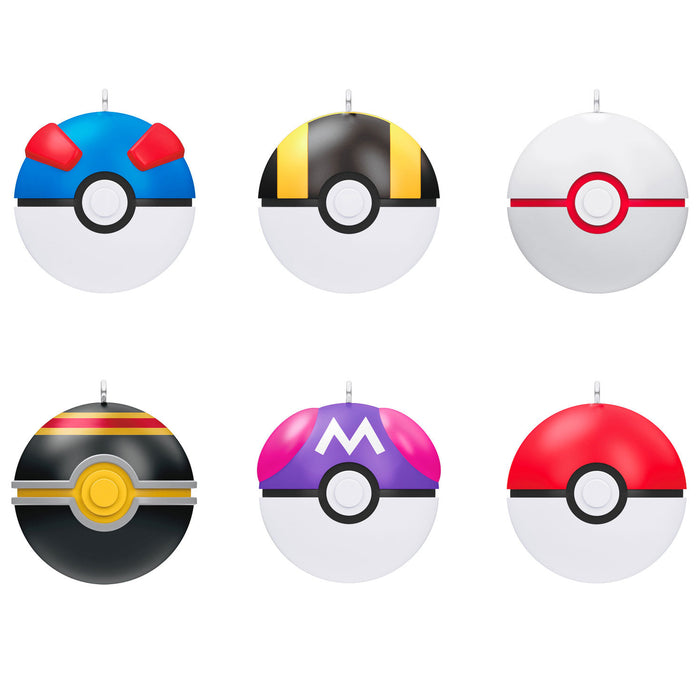 Set of six colorful Poké Ball ornaments on a white background