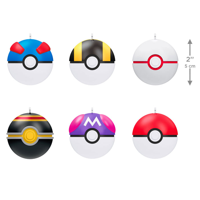 Set of six colorful Poké Ball designs on a white background with a size indicator.