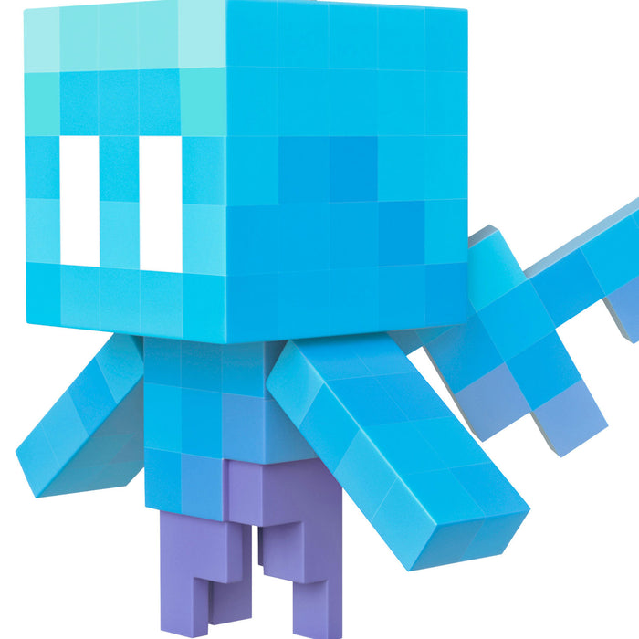 Blue and purple pixelated character on a white background