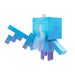 Blue and purple pixelated character ornament on a white background