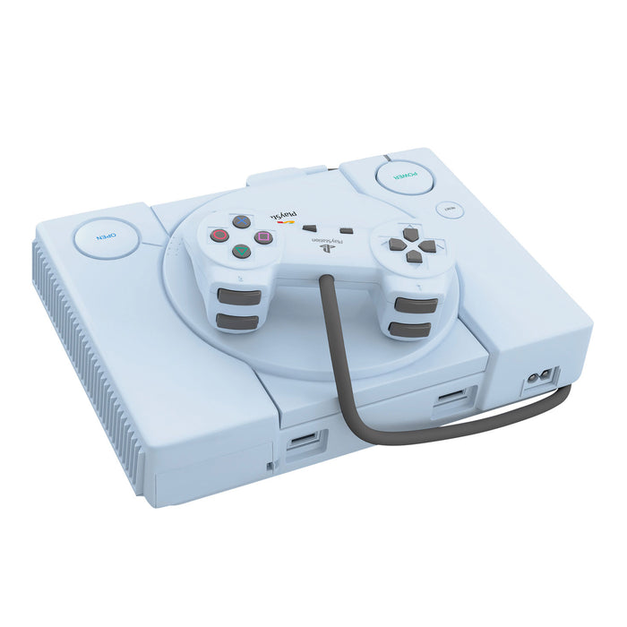 White gaming console with controller on a white background