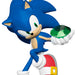 Blue animated character holding a green gem on a white background