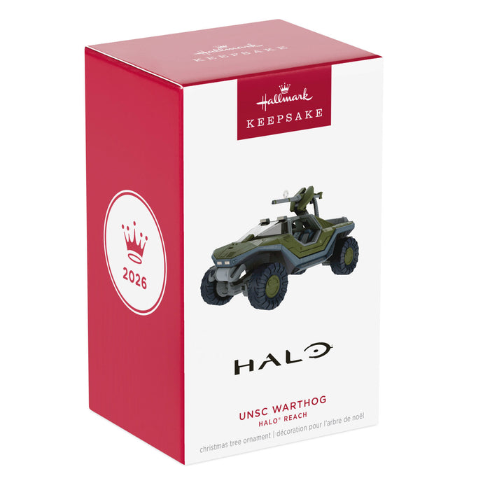 Hallmark Keepsake ornament packaging featuring UNSC Warthog from Halo Reach on a white background