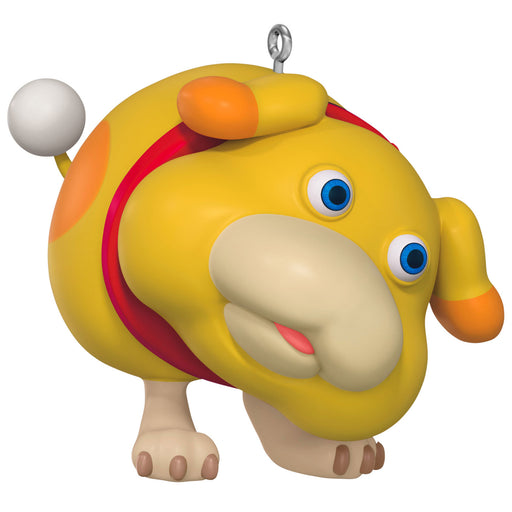 Colorful toy figure of a cartoonish character with a round body, blue eyes, and orange accents on a white background.
