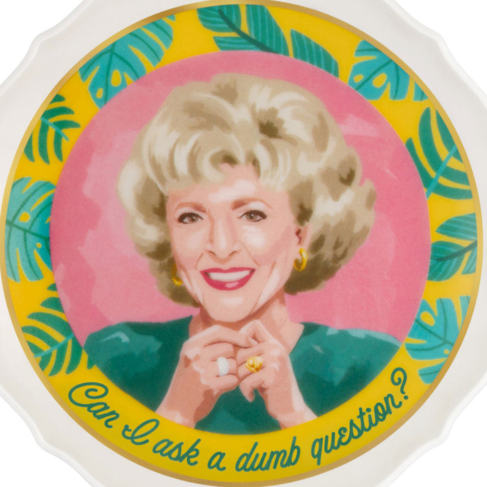 Button badge with a portrait of a woman and the text 'Can I ask a dumb question?' on a colorful background.