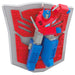 Toy figure of a robot on a red and silver emblem with a logo