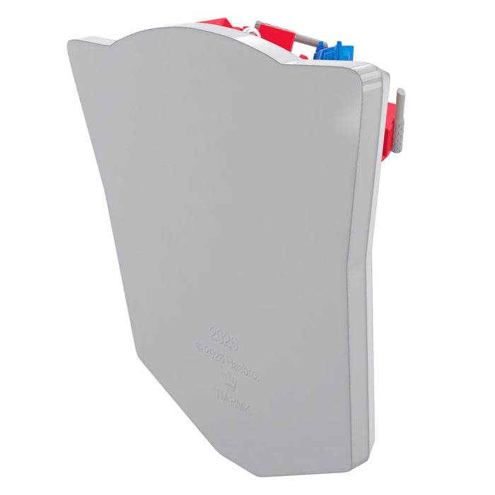 Gray plastic component with red and blue accents on a white background