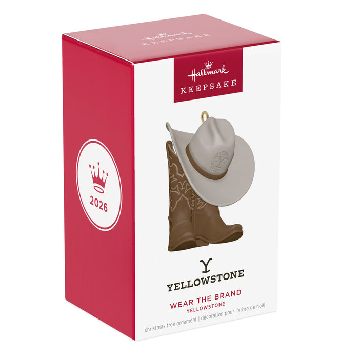 Hallmark Keepsake ornament packaging with cowboy hat and boots design on a white background
