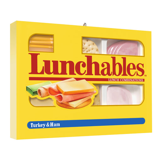 Yellow Lunchables packaging with images of a sandwich and text on a white background