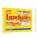 Yellow box of Lunchables with visible layers of food and dimensions on a white background