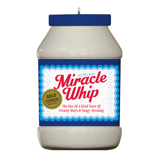 Jar of Miracle Whip with blue lid on a white background