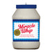 Jar of Miracle Whip with blue lid on a white background