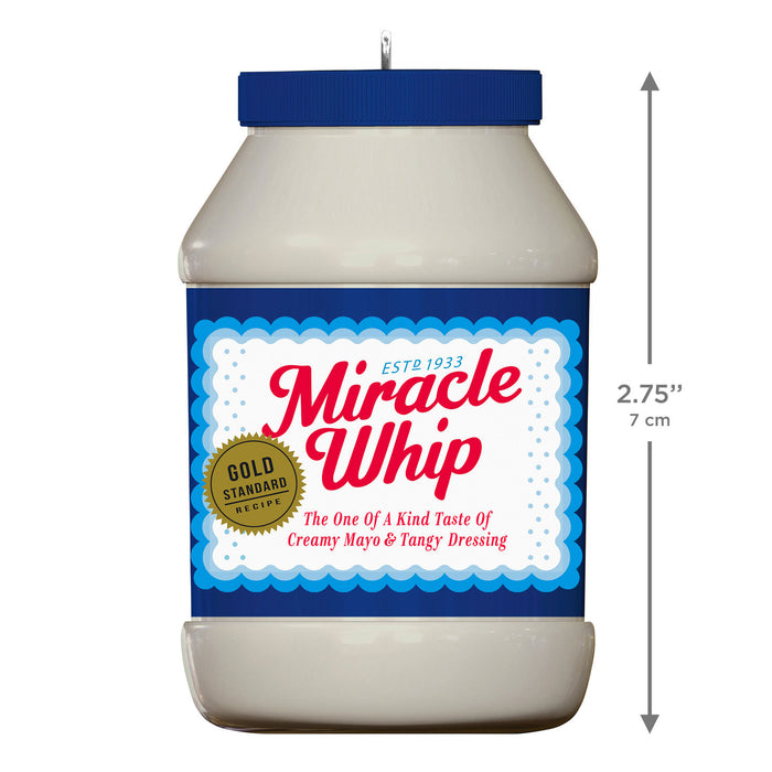Jar of Miracle Whip with label and dimensions on a white background
