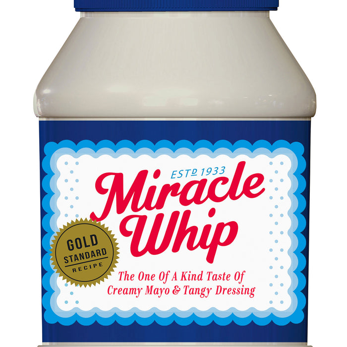 Jar of Miracle Whip with blue label and white container