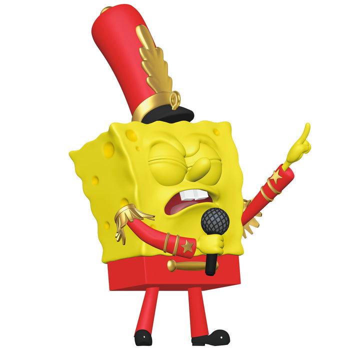 SpongeBob SquarePants figurine in a band uniform with a microphone on a white background