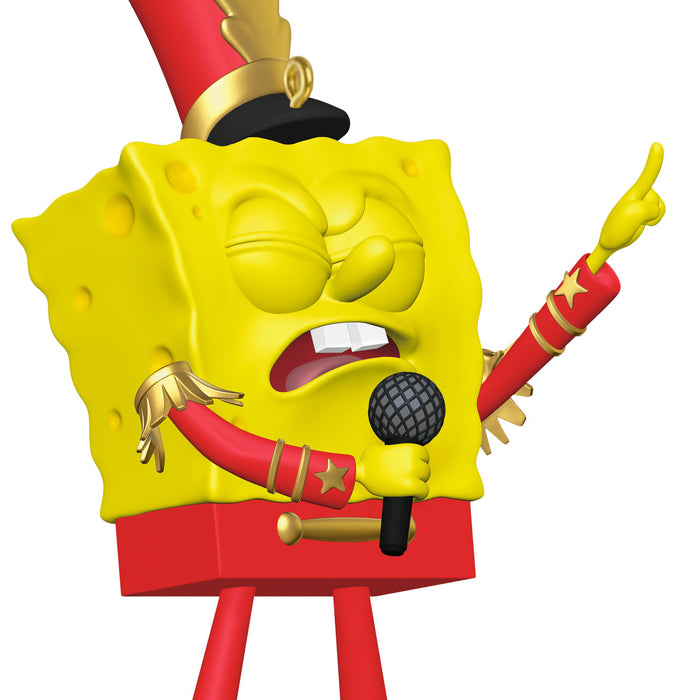 SpongeBob SquarePants character in a band uniform with a microphone