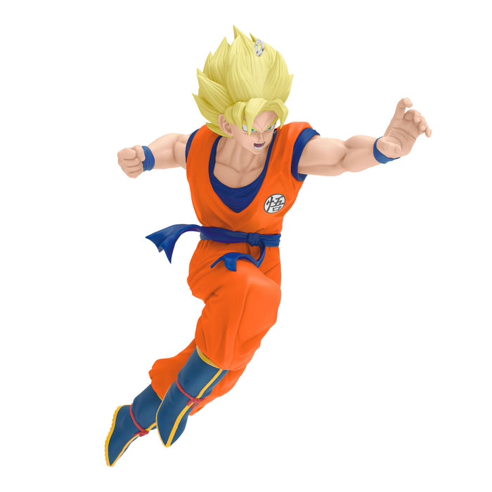 Action figure in orange and blue outfit with a white background