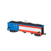 Model train car with blue, red, and white colors on a white background