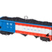 Model train car with blue, red, and white design on a white background