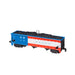 Model train car with blue, red, and white colors on a white background