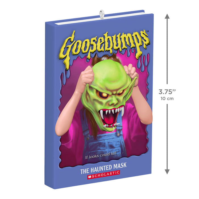 Goosebumps book with a green monster cover and dimensions indicated