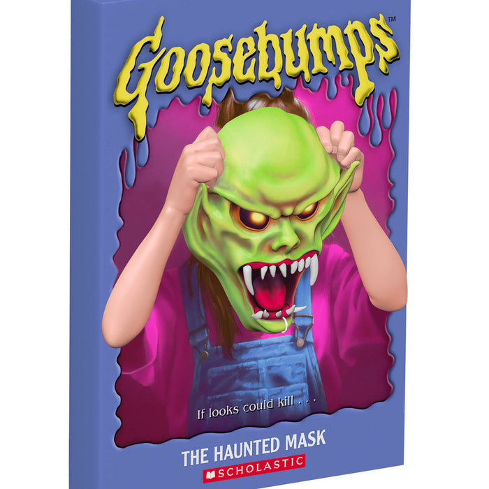 Goosebumps book cover with a green monster mask and a child's face underneath on a blue background.
