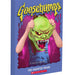 Goosebumps book cover with a green monster mask and a child's face underneath on a blue background.