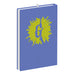 Blue notebook with a green abstract design on a white background