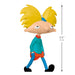 Cartoon character figurine with yellow hair and blue outfit, standing on a white background.