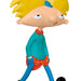 Cartoon character with yellow hair and blue outfit on a white background