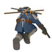 Animated character in blue outfit with a staff on a white background