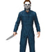 Person wearing a blue coverall with a white mask holding a knife on a white background