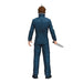 Action figure in blue jumpsuit holding a knife on a white background