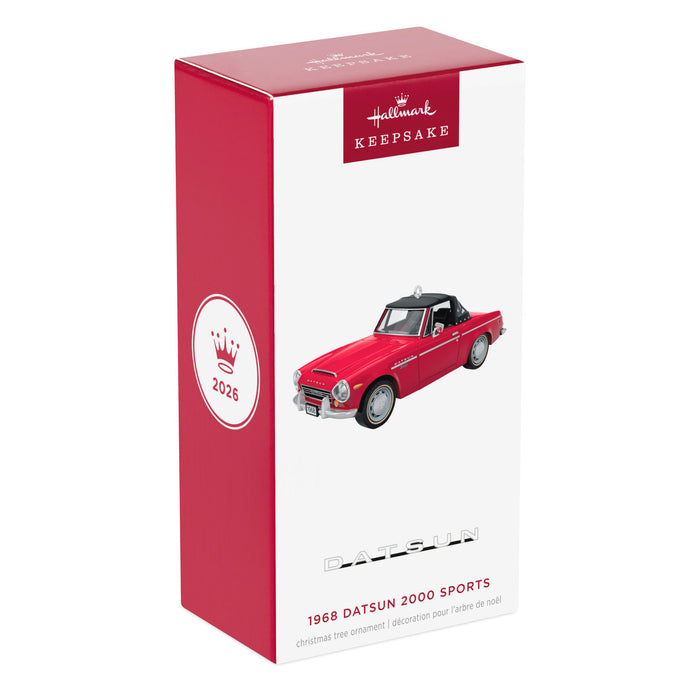 Hallmark 2026 Christmas ornament packaging featuring a red car on a white background