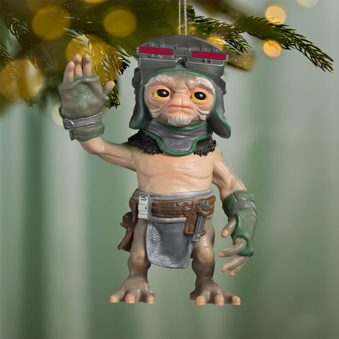 Ornament of a creature with a helmet and armor hanging from a Christmas tree.