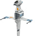 Toy model of a spacecraft with a white and gray color scheme on a white background