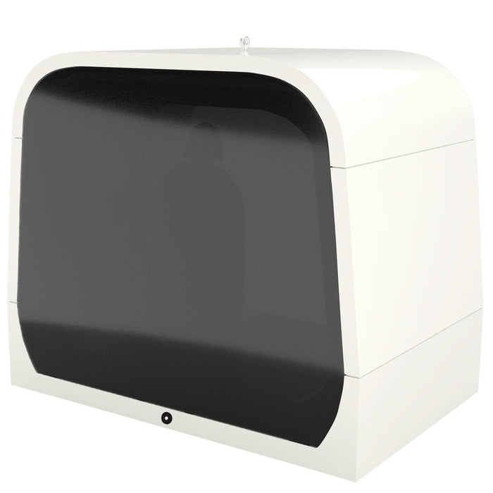 White electronic device with a black screen on a white background
