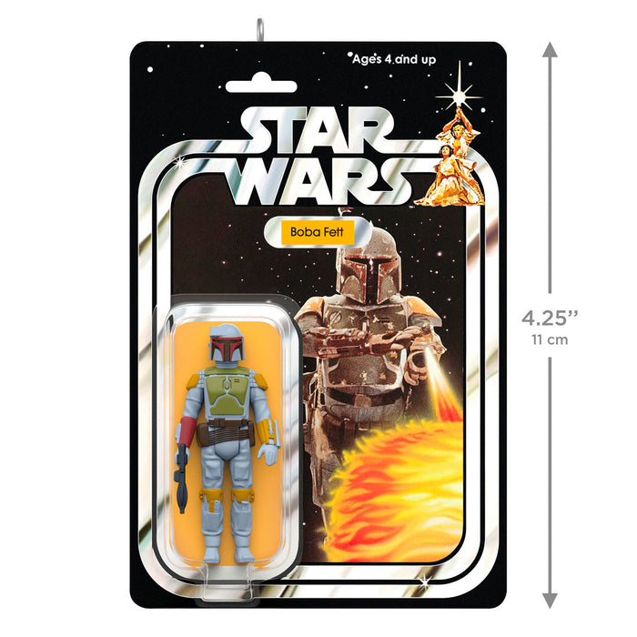 Star Wars Boba Fett action figure packaging with dimensions on a white background