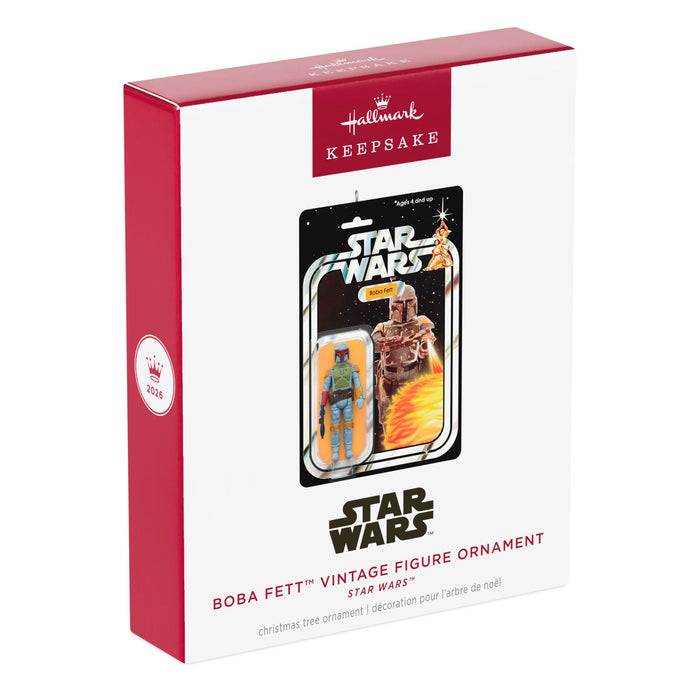 Hallmark Star Wars Boba Fett vintage figure ornament packaging on a white background
