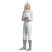 Decorative figure of a character in a white uniform with a tablet on a white background