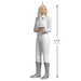 Character figurine in a white outfit with measurement details on a white background