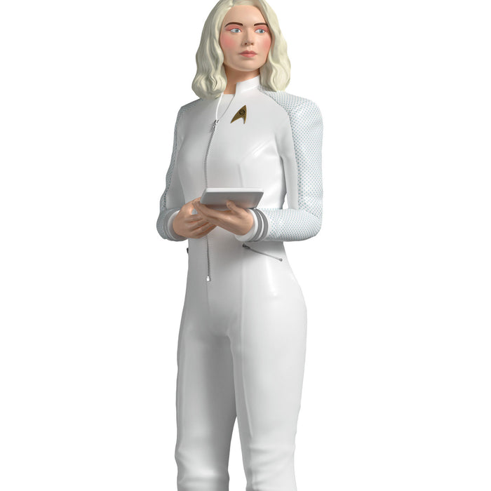 Character in a white uniform with a high collar, holding a tablet, on a white background