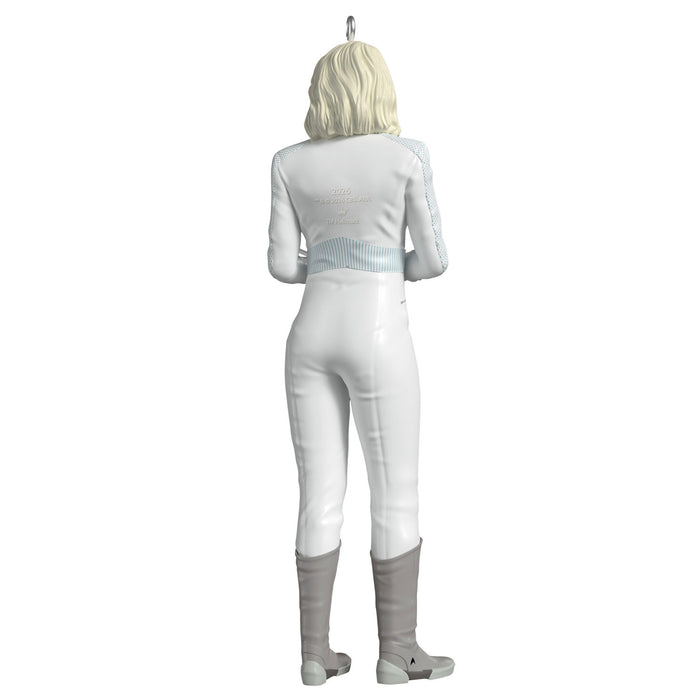 White jumpsuit with gray boots on a white background
