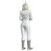 White jumpsuit with gray boots on a white background