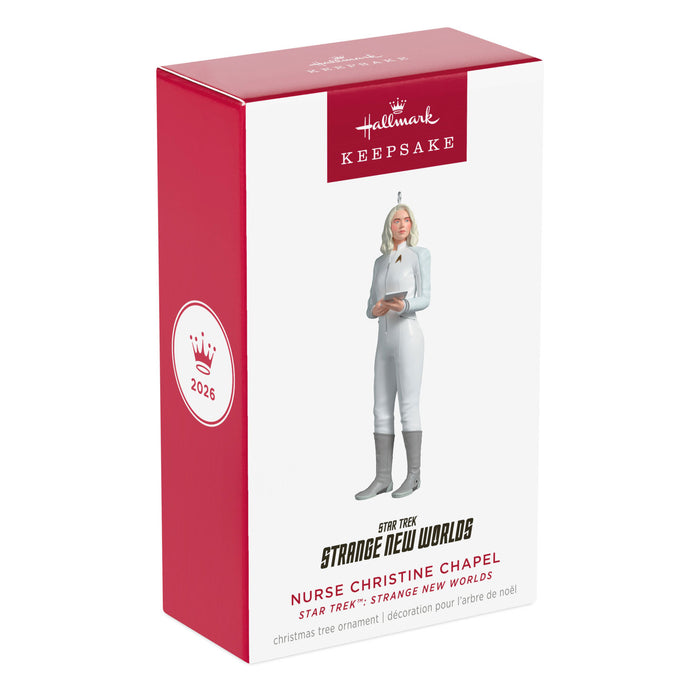 Hallmark Keepsake Christmas ornament packaging featuring Nurse Christine Chapel from Star Trek: Strange New Worlds.