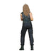 Back view of a figure wearing a black jumpsuit with suspenders on a white background