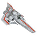 Model of a spaceship with red and orange accents on a white background